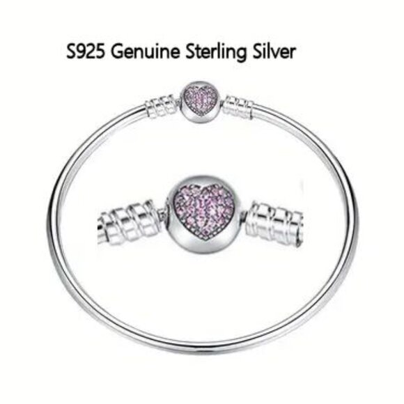 Sterling Silver Pink Pave Heart Bangle Bracelet 7.5" and 8.3" - Picture 1 of 2
